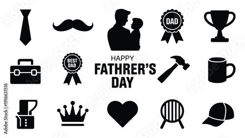 Happy father's day silhouette logo pack with various symbols and icons for greeting cards and gifts