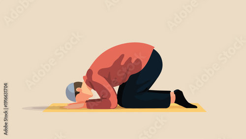 A person in prayer pose on a mat, wearing a cap and modest attire