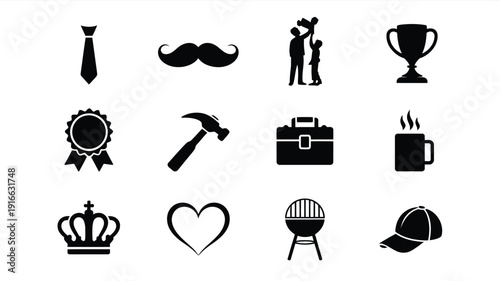 A sophisticated collection of father's day icons and symbols including tie mustache family trophy medal hammer briefcase coffee crown heart grill and cap on white background for greeting