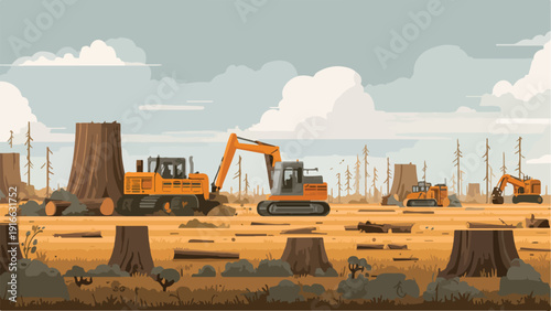 Construction vehicles clear a deforested area with large tree stumps and logs scattered