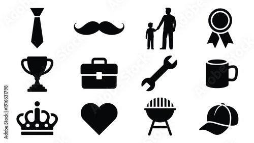 Vector illustration of various black icons on white background for father's day or men's lifestyle themes