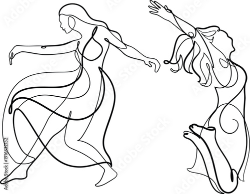 Elegant continuous line drawing of two women dancing gracefully with flowing movements and artistic style