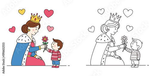 Queen Receiving Flower from Boy - Royalty and Kindness Illustration