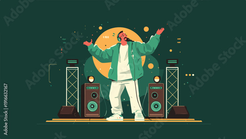 A performer in a green jacket, white pants, and headphones sings into a microphone on stage