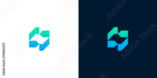 Abstract modern geometric logo design featuring a dynamic blue-green gradient, representing innovation, technology, and connectivity, perfect for digital brands, startups, or corporate identity