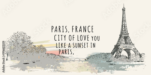 Sketch of the eiffel tower with text reading paris france city of love