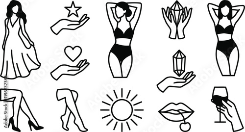 A collection of elegant minimalist line art icons symbolizing feminine beauty nature and spirituality