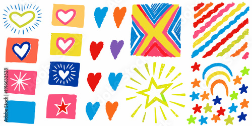 Colorful hand drawn shapes and symbols arranged in a grid pattern