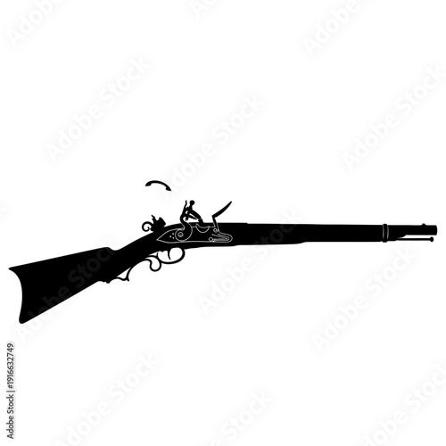 Silhouette of an antique flintlock rifle isolated on white background.