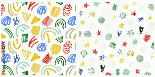 Colorful crayon scribbles and shapes scattered across a white background