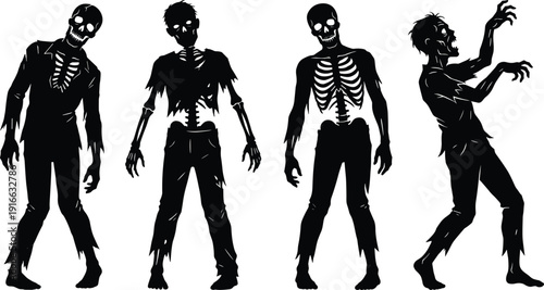 Skeleton and Zombie Silhouette Characters Set with Creepy Standing Undead Figures Isolated on White Background for Halloween Horror Design