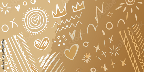 Abstract doodle pattern with crowns hearts and geometric shapes