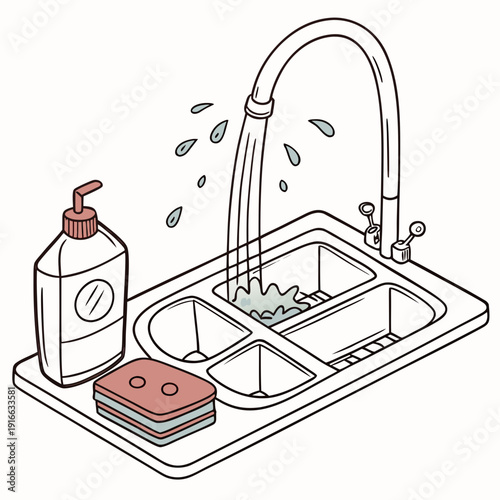 Kitchen Sink with Running Water and Cleaning Supplies