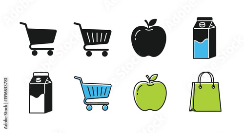Grocery items including carts fruit and milk in black silhouette