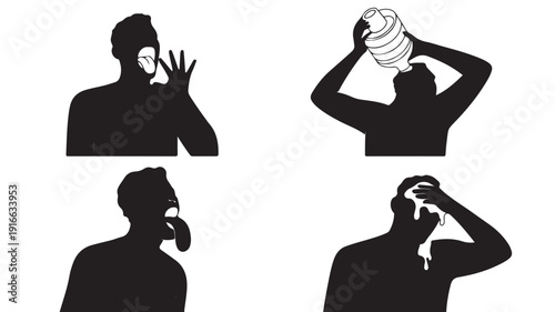 Heatstroke Man Silhouettes Suffering and Cooling Down on White Background Vector