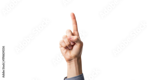 Hand showing number one gesture with index finger pointing upwards, symbolizing first place, unity, or a single choice, isolated on a clean white background.