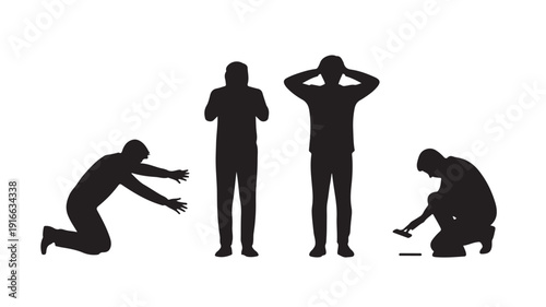 Despairing Men Silhouettes Poses Isolated on White Background Vector Illustration