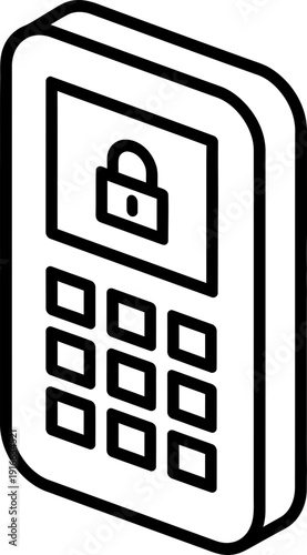 Security keypad with lock symbol on screen, an isometric outline icon for access control and alarm system concept, vector illustration