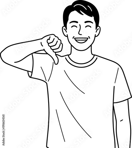 Smiling young man giving thumbs down gesture in line art style expressing disapproval or dislike. Feedback concept vector illustration.