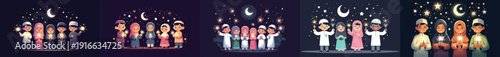vector of happy Muslim children playing fireworks on night ramadan