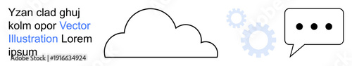 Technology, cloud storage, digital communication, IT services, data processing, innovation. A cloud icon with gears and a speech bubble. Technology and cloud storage concepts