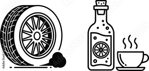 Car Tire, Citrus Juice Bottle, and Hot Coffee Cup Icon Set Line Vector Illustration for Automotive, Beverage, and Cafe Design Concepts