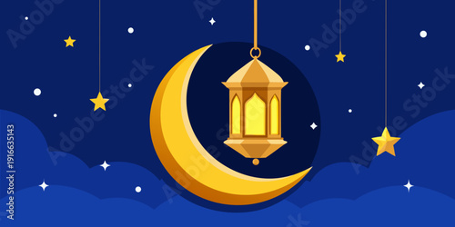 A golden lantern hangs from a crescent moon against a dark blue night sky with stars.
