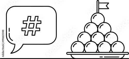 Hashtag Speech Bubble and Dango Dessert Icon Line Vector Illustration Featuring Social Media Symbol and Traditional Japanese Sweet Food Concept