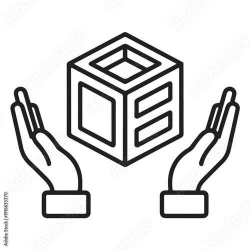 Pair of hands gently cradling protective open top box or package symbol for delivery service concept