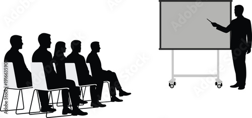 Business presentation silhouette with speaker pointing at board and audience sitting in seminar training meeting isolated vector illustration concept
