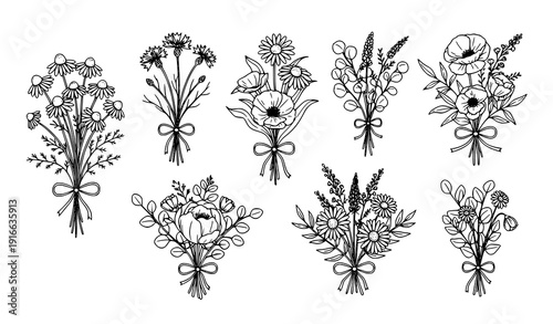 Hand drawn floral bouquet doodle wildflower poppy peony vector set