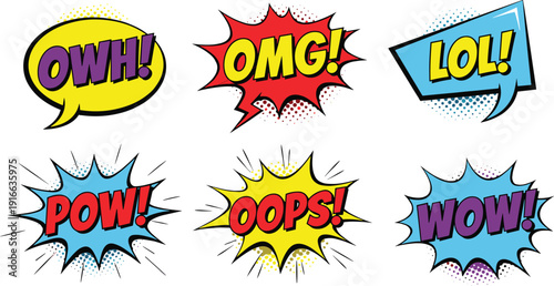 Colorful comic speech bubbles with pop art expressions owh omg lol pow oops wow in retro style vector illustration set