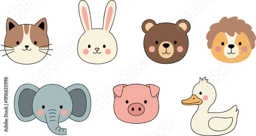 Cute animal face icons set with cat, rabbit, bear, lion, elephant, pig, and duck illustrated in soft friendly flat vector style for kids design