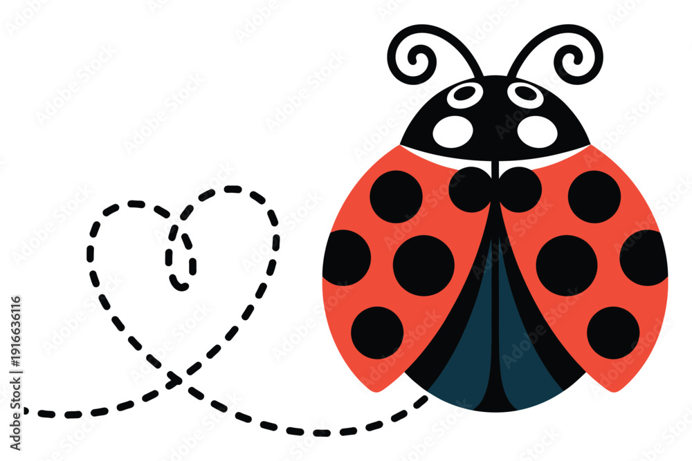 Fototapeta premium Ladybug insect leaving heart shaped dotted flight path isolated on transparent background simple graphic design element