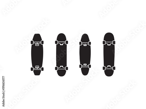 Four skateboards in a row, varying sizes, top view for urban lifestyle and sports