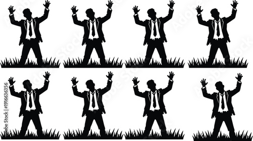 Businessman Silhouette Set with Raised Hands Standing on Grass Isolated on White Background for Conceptual Success or Surrender Illustration