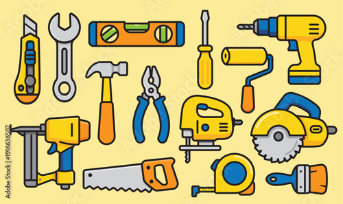 Construction tools set with various hand and power tools. Useful for repair, workshop, building, education, and DIY concepts. Objects separated from background for flexible layout use.