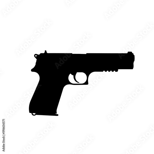 Silhouette of a black handgun isolated on a white background.