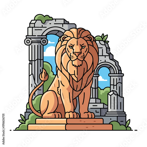 Majestic lion statue guards ancient stone ruins, representing historical power and enduring strength in a stylized vector illustration