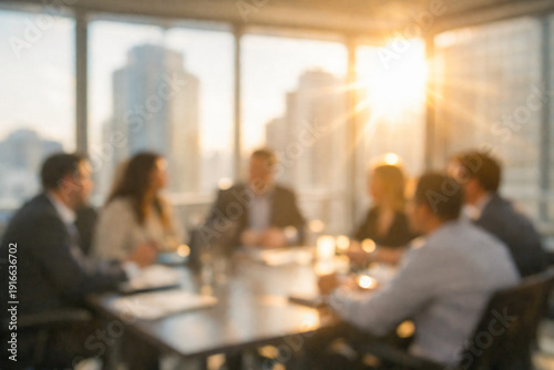 Male and female employees attending a presentation at modern office meeting. Large windows to high rise buildings and sun rays outside. Blurred image for backgrounds with copy space.