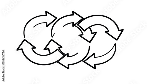 Simple black and white illustration of circular arrows rotating around the text 4k on a plain white background representing continuous cycle or process
