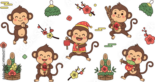 Cute Chinese New Year monkey characters with lanterns and festive decorations representing lunar celebration and lucky zodiac animal in flat vector style