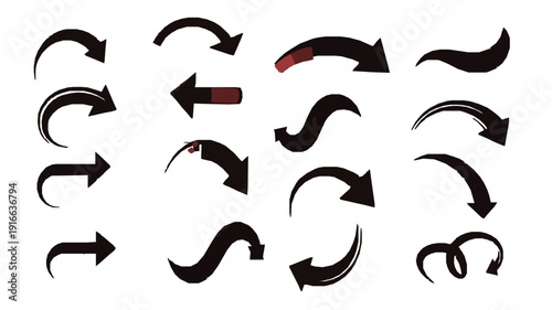Collection of various black and red curved arrows in different styles and shapes on a white background for design and navigation purposes