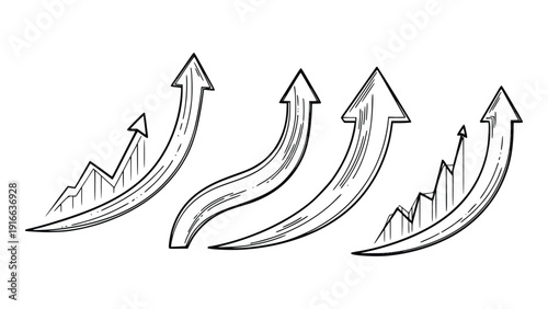Collection of hand drawn arrows pointing upwards symbolizing growth and progress in various styles and designs on a white background with simple yet effective visual representation.