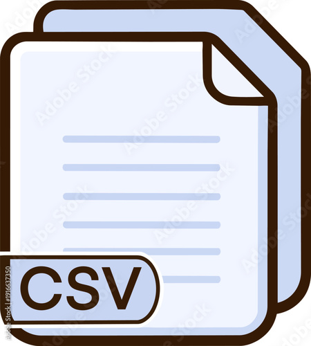 A clean illustration of a CSV file with a "CSV" label, isolated on a white background. The file design is minimalistic with a thick outline and a smiling face, symbolizing digital file formats.