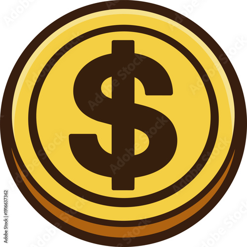 A kawaii-style cartoon illustration of a cute gold coin with a dollar sign on it, isolated on a white background. The coin has a thick outline and a simple, playful design.