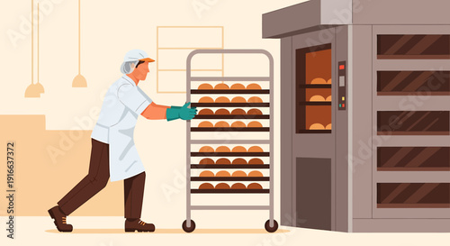 Baker pushing rack of bread towards industrial oven.