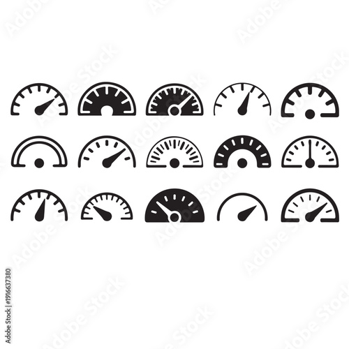 Speedometer and tachometer vector icon set gauges dashboard indicators for vehicle measurement and acceleration display