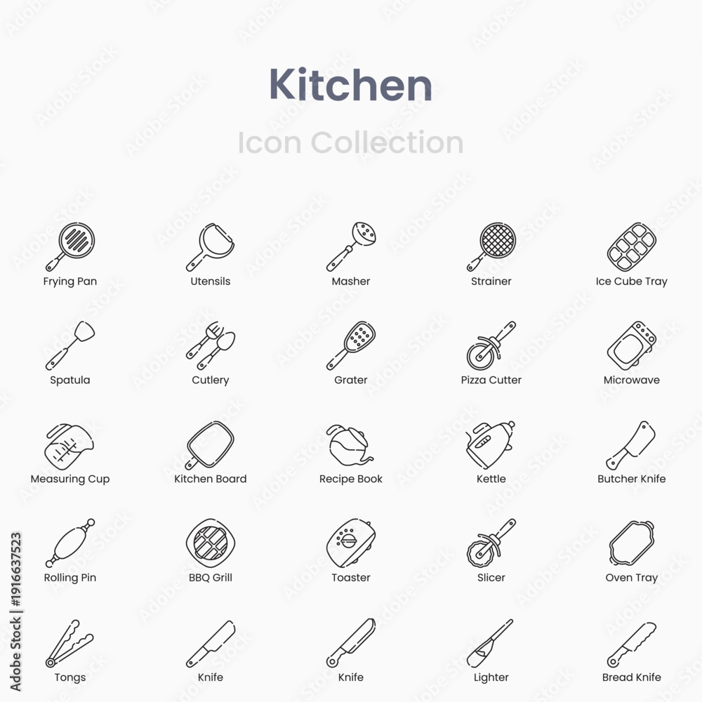 Fototapeta premium Vector kitchen icon set with cooking utensils appliances and food elements