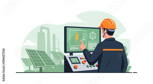 Engineer monitoring solar panel energy production on computer screen.